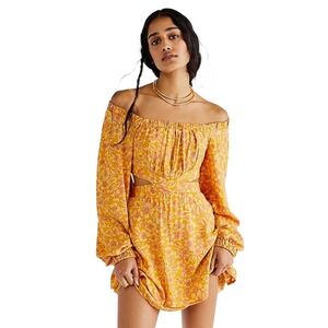 FREE PEOPLE Size XS Jael Printed Mini Dress In Golden Combo Off Shoulder Viscose